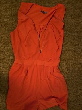 Express Coral-Orange Sleeveless Romper with Zip Front